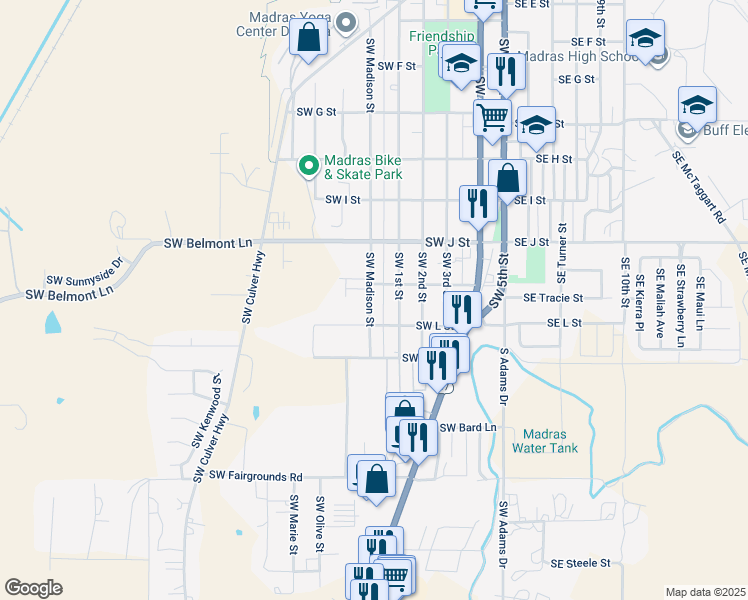 map of restaurants, bars, coffee shops, grocery stores, and more near 835 Southwest Madison Street in Madras