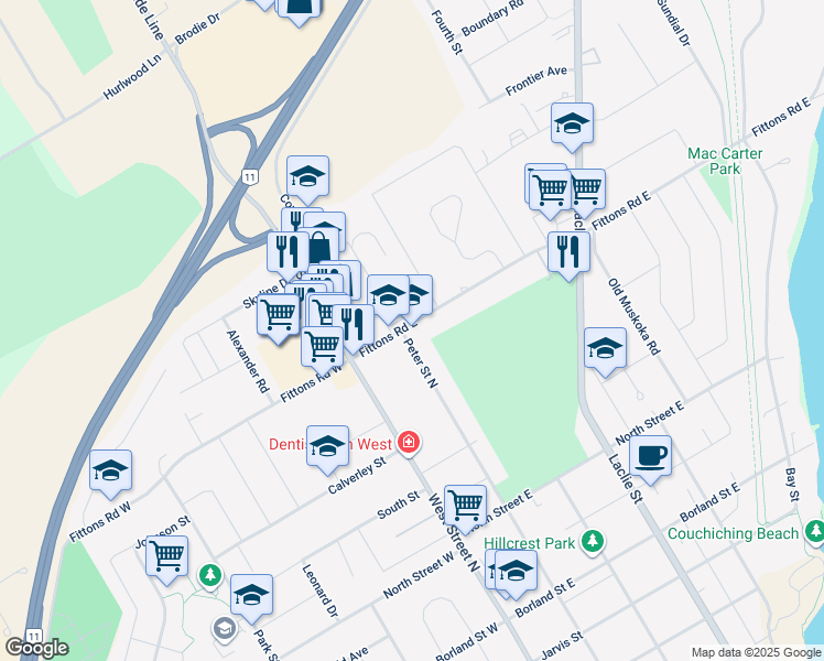 map of restaurants, bars, coffee shops, grocery stores, and more near 454 Peter Street North in Orillia