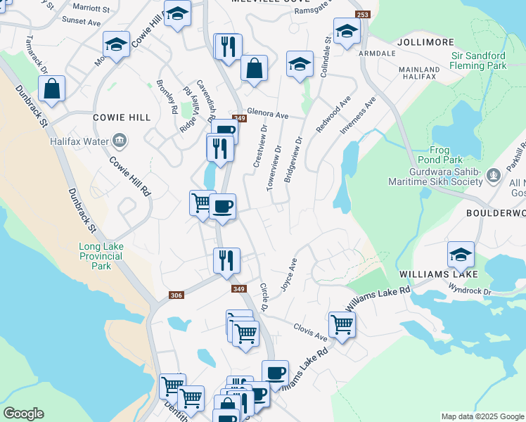 map of restaurants, bars, coffee shops, grocery stores, and more near 2A Aurora Avenue in Halifax