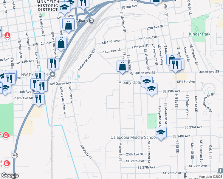 map of restaurants, bars, coffee shops, grocery stores, and more near 1906 Southwest Lyon Street in Albany