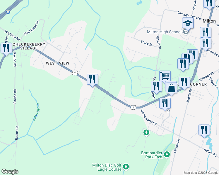 map of restaurants, bars, coffee shops, grocery stores, and more near 20 Boysenberry Drive in Chittenden County