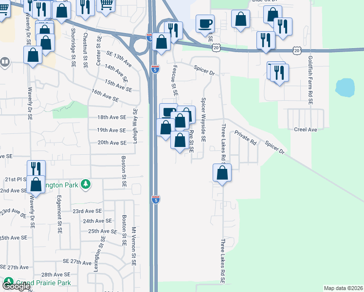 map of restaurants, bars, coffee shops, grocery stores, and more near 1913 Fescue Street Southeast in Albany
