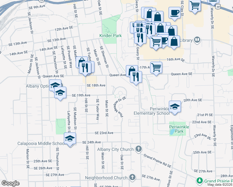 map of restaurants, bars, coffee shops, grocery stores, and more near 1210 Pine Meadow Drive Southeast in Albany
