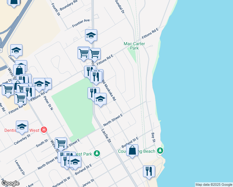 map of restaurants, bars, coffee shops, grocery stores, and more near 363 Highland Avenue in Orillia