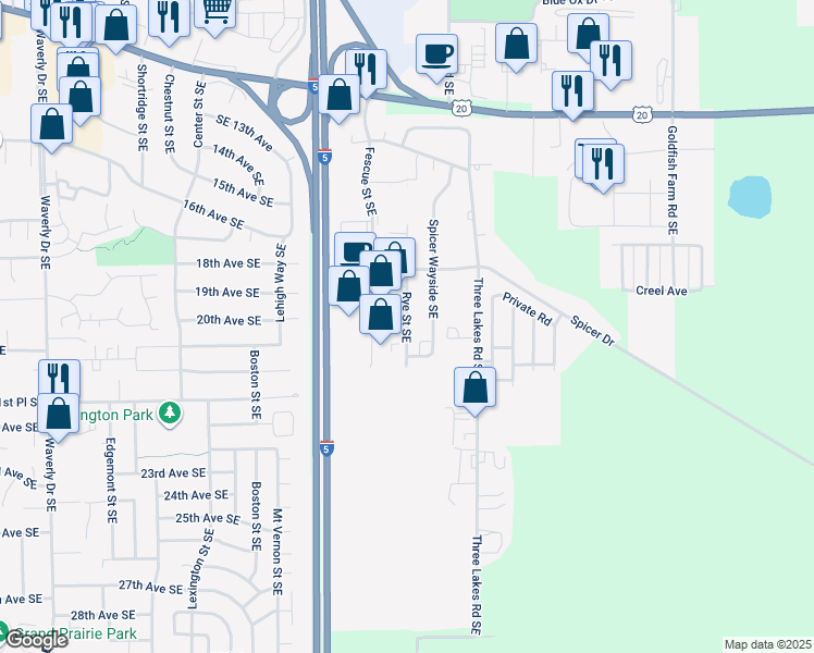 map of restaurants, bars, coffee shops, grocery stores, and more near 1927 Rye St SE in Albany