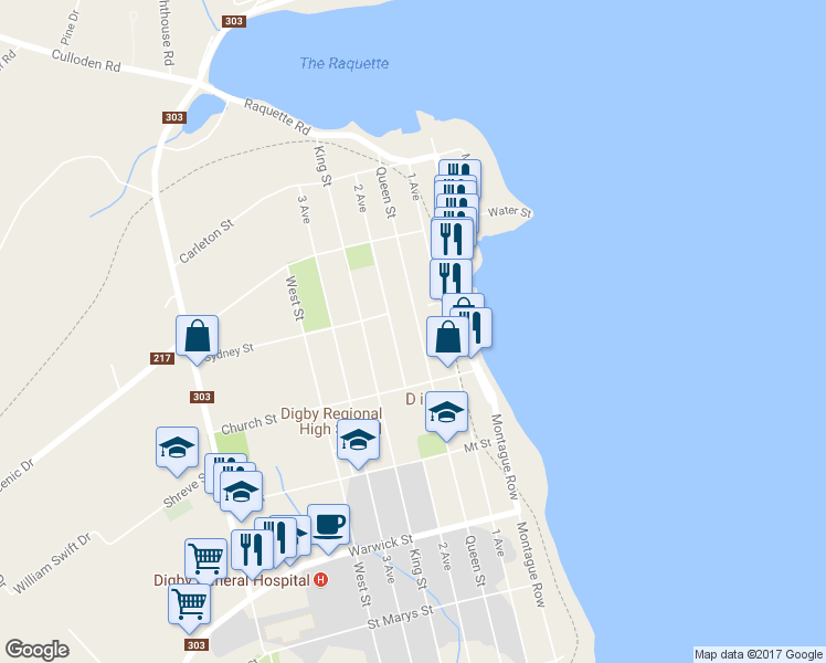 map of restaurants, bars, coffee shops, grocery stores, and more near 143 Queen Street in Digby