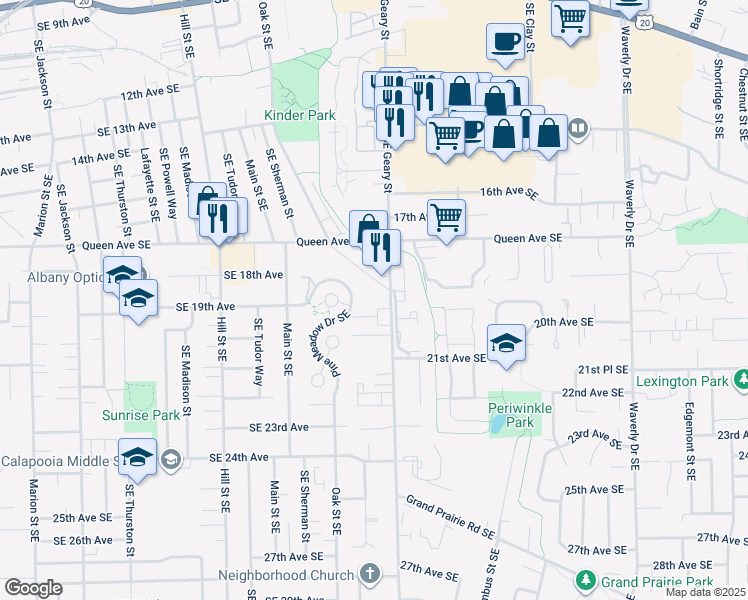 map of restaurants, bars, coffee shops, grocery stores, and more near 1820 Southeast Geary Street in Albany