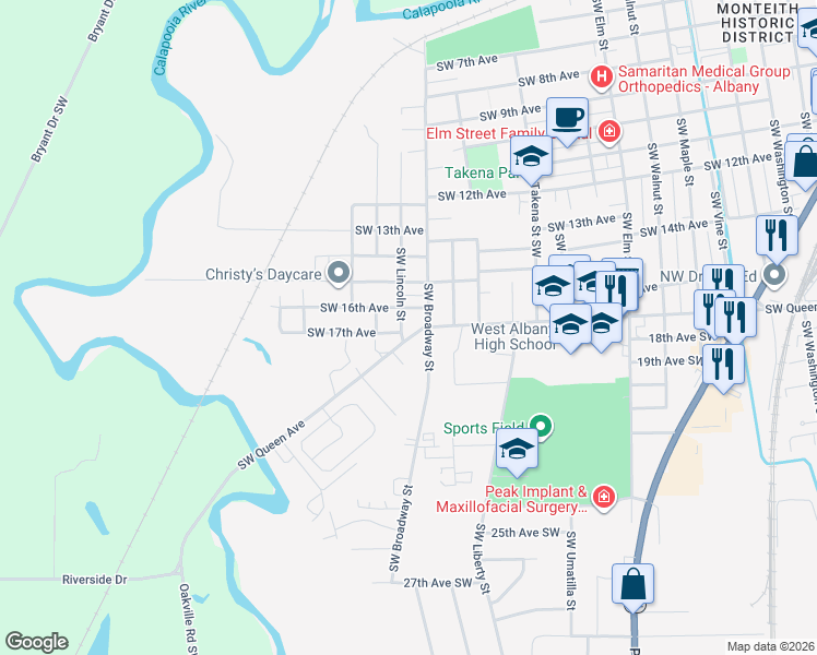 map of restaurants, bars, coffee shops, grocery stores, and more near 1655 Southwest Queen Avenue in Albany