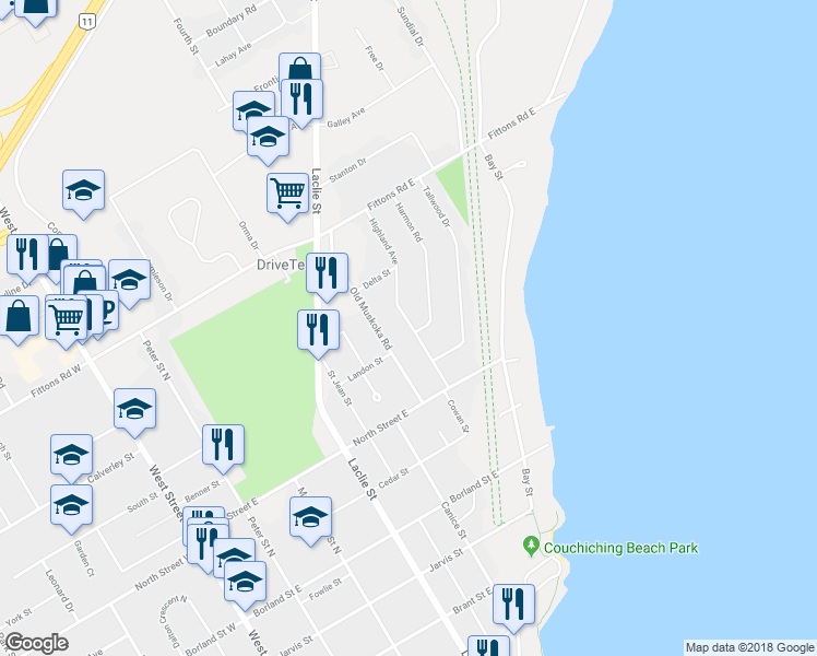 map of restaurants, bars, coffee shops, grocery stores, and more near 363 Highland Avenue in Orillia