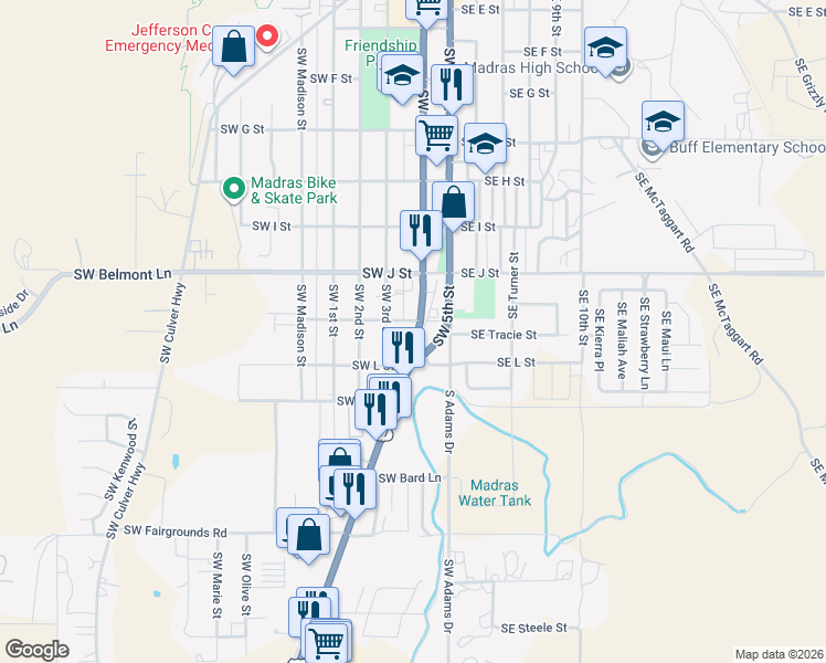 map of restaurants, bars, coffee shops, grocery stores, and more near 910 5th Street in Madras