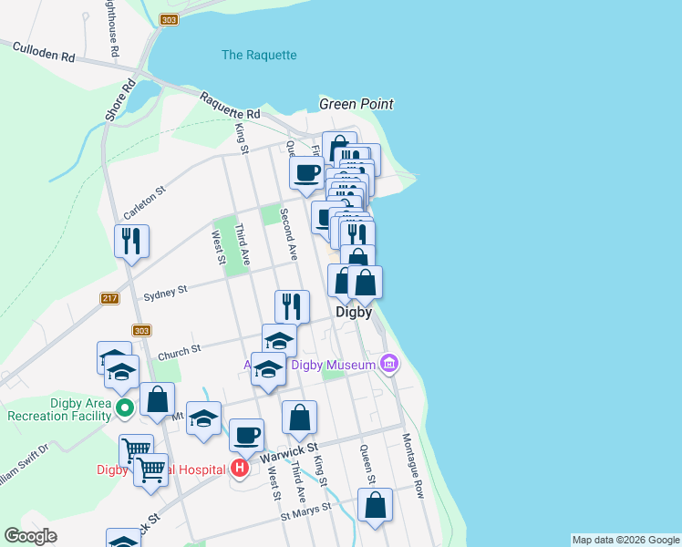 map of restaurants, bars, coffee shops, grocery stores, and more near 139 First Avenue in Digby