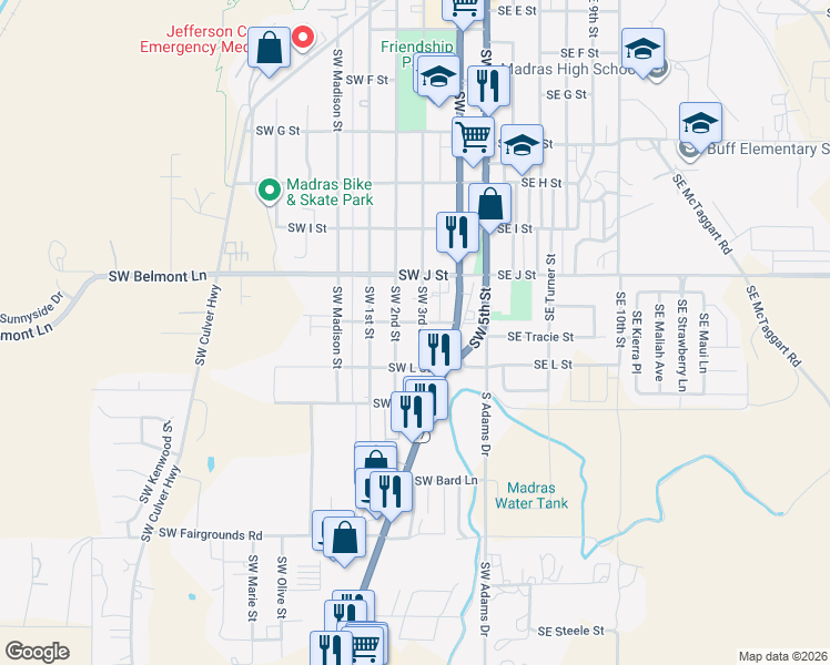 map of restaurants, bars, coffee shops, grocery stores, and more near 822 Southwest 3rd Street in Madras