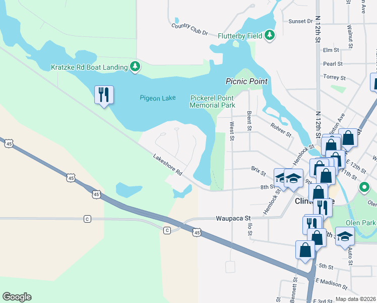 map of restaurants, bars, coffee shops, grocery stores, and more near 67 Shore Dr in Clintonville