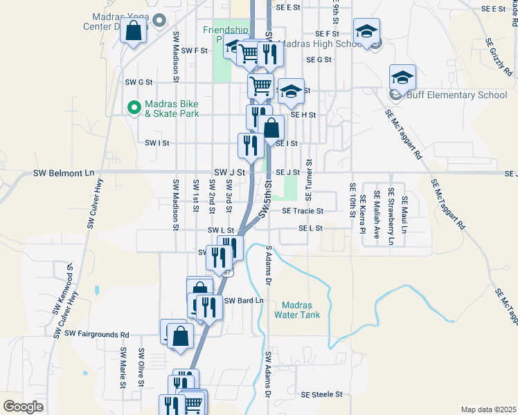 map of restaurants, bars, coffee shops, grocery stores, and more near in Madras