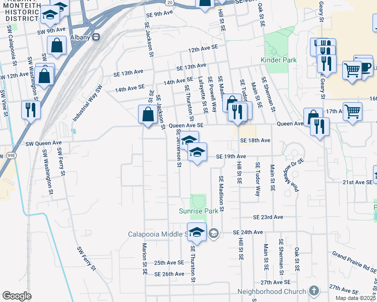 map of restaurants, bars, coffee shops, grocery stores, and more near 1918 Southeast Thurston Street in Albany