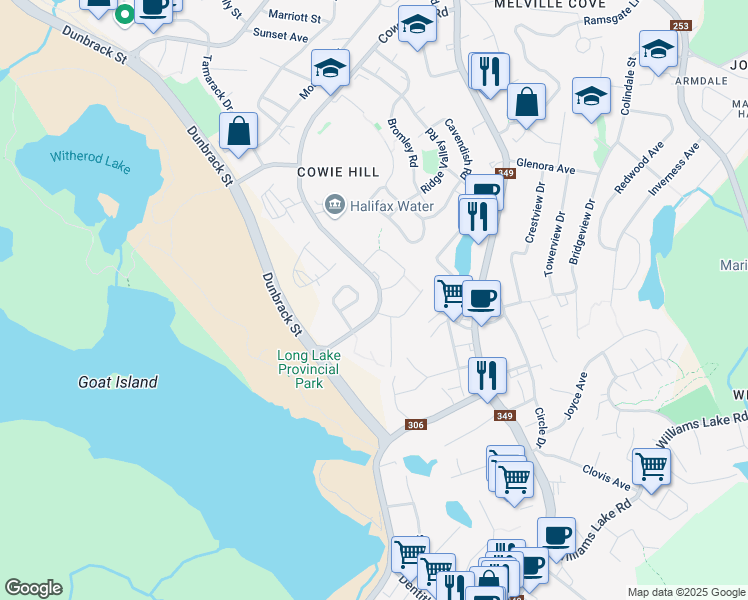 map of restaurants, bars, coffee shops, grocery stores, and more near 595 Cowie Hill Road in Halifax