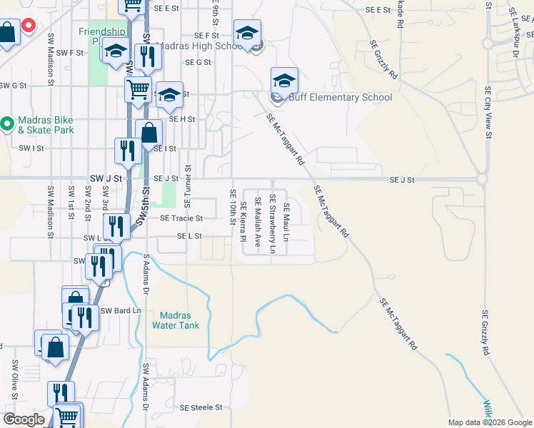 map of restaurants, bars, coffee shops, grocery stores, and more near 854 Southeast Strawberry Lane in Madras