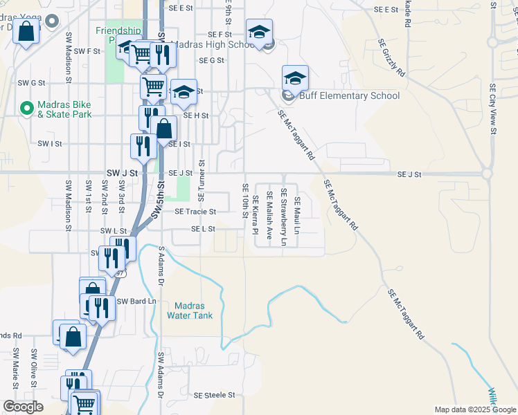 map of restaurants, bars, coffee shops, grocery stores, and more near 863 Southeast Kierra Place in Madras