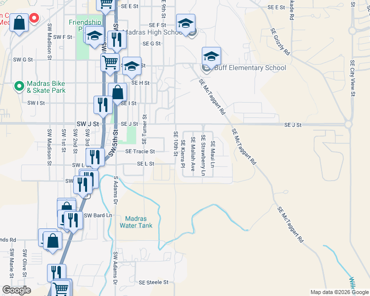 map of restaurants, bars, coffee shops, grocery stores, and more near 863 Southeast Kierra Place in Madras