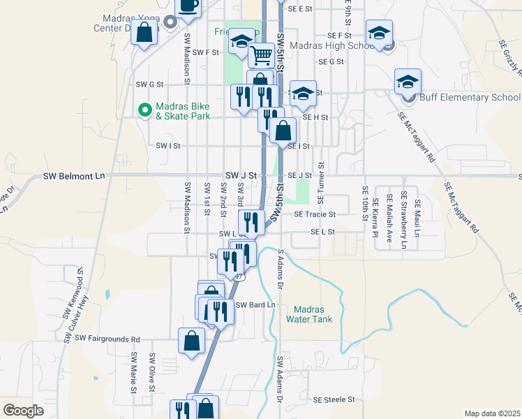 map of restaurants, bars, coffee shops, grocery stores, and more near 910 5th Street in Madras