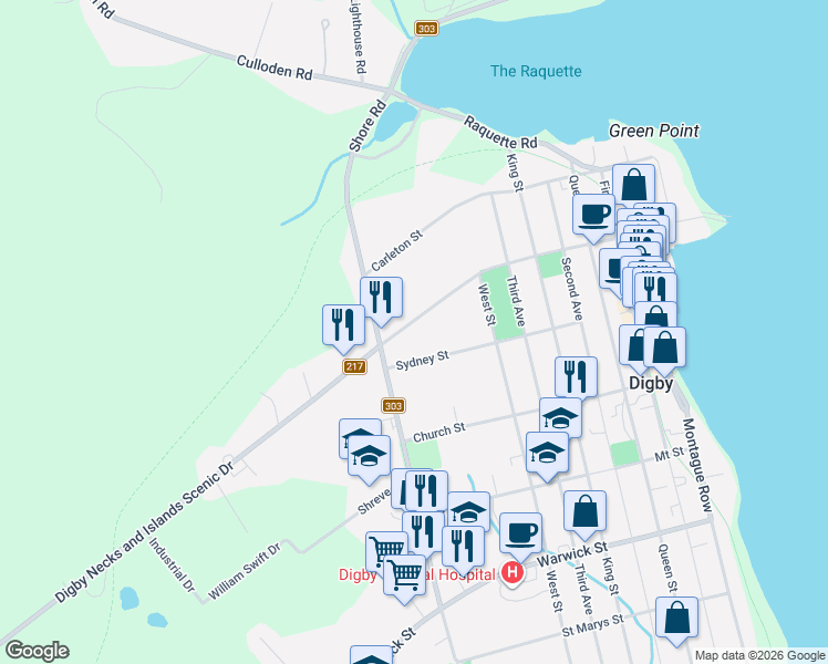 map of restaurants, bars, coffee shops, grocery stores, and more near 91 Prince William Street in Digby