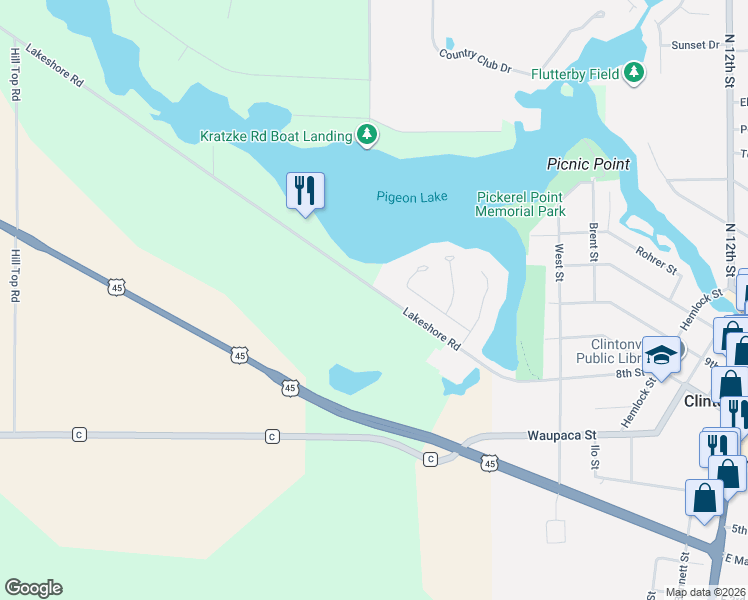 map of restaurants, bars, coffee shops, grocery stores, and more near N10591 Lakeshore Road in Clintonville