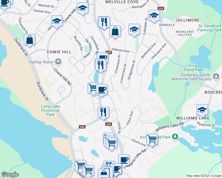 map of restaurants, bars, coffee shops, grocery stores, and more near 2 Bryden Avenue in Halifax
