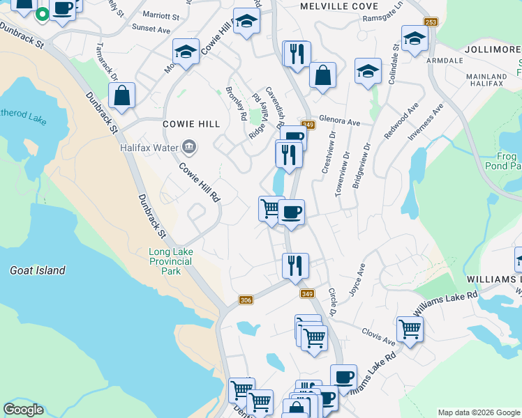 map of restaurants, bars, coffee shops, grocery stores, and more near in Long Lake