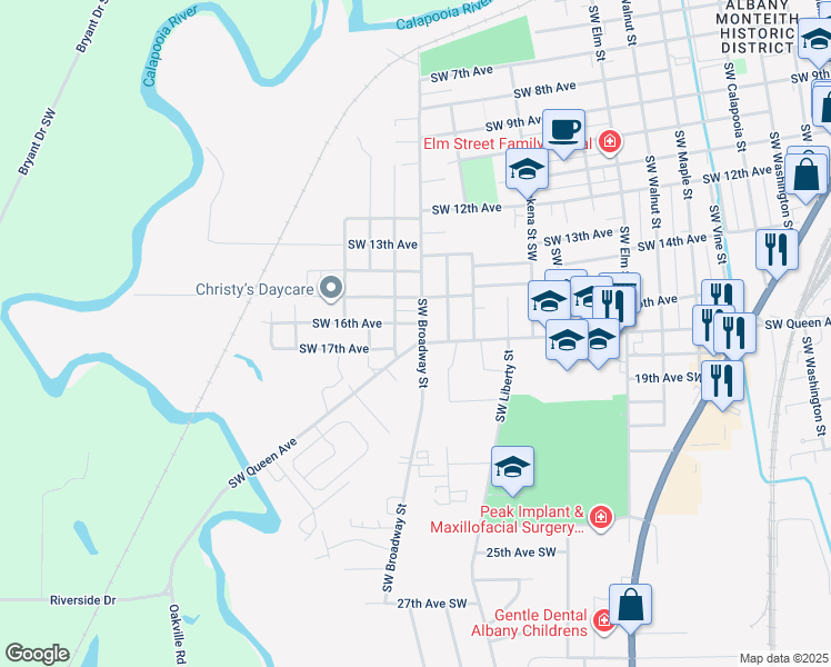 map of restaurants, bars, coffee shops, grocery stores, and more near 1640 Southwest Broadway Street in Albany