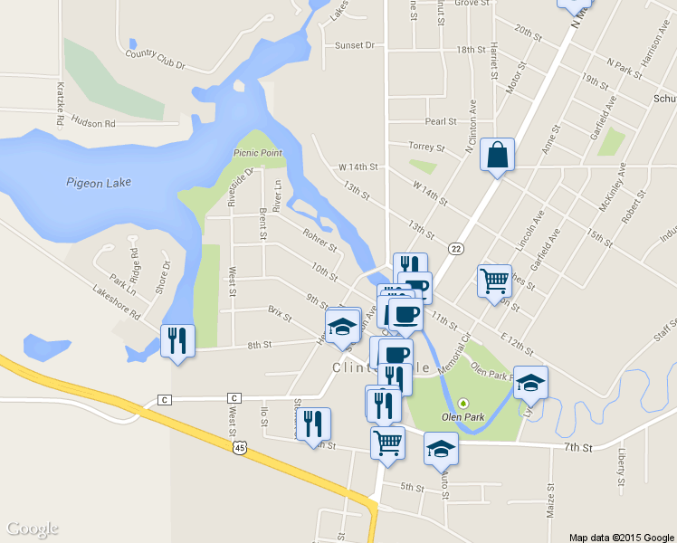 map of restaurants, bars, coffee shops, grocery stores, and more near 68 10th Street in Clintonville