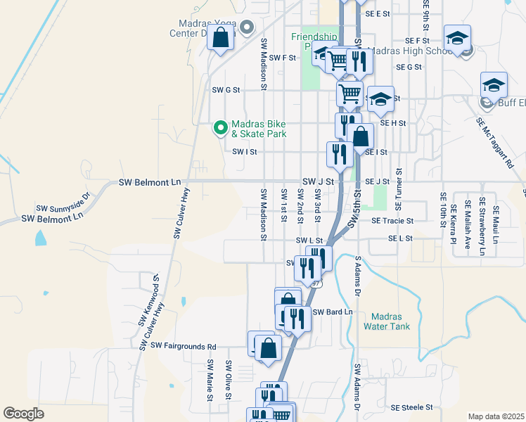 map of restaurants, bars, coffee shops, grocery stores, and more near 835 Southwest Madison Street in Madras