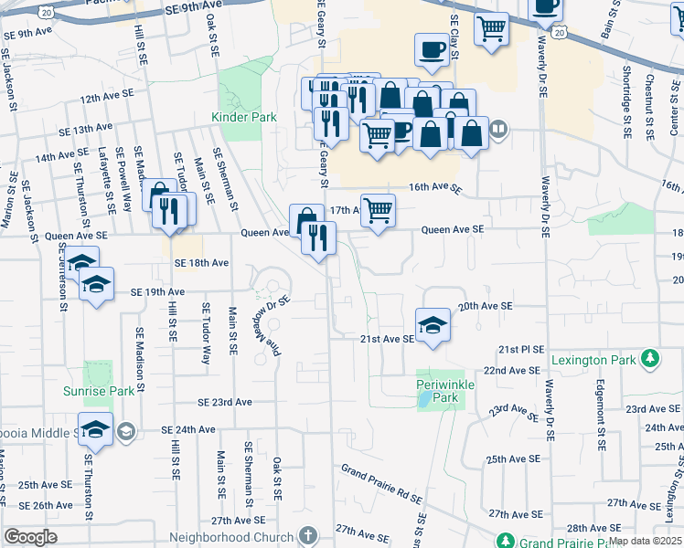map of restaurants, bars, coffee shops, grocery stores, and more near 1820 Southeast Geary Street in Albany
