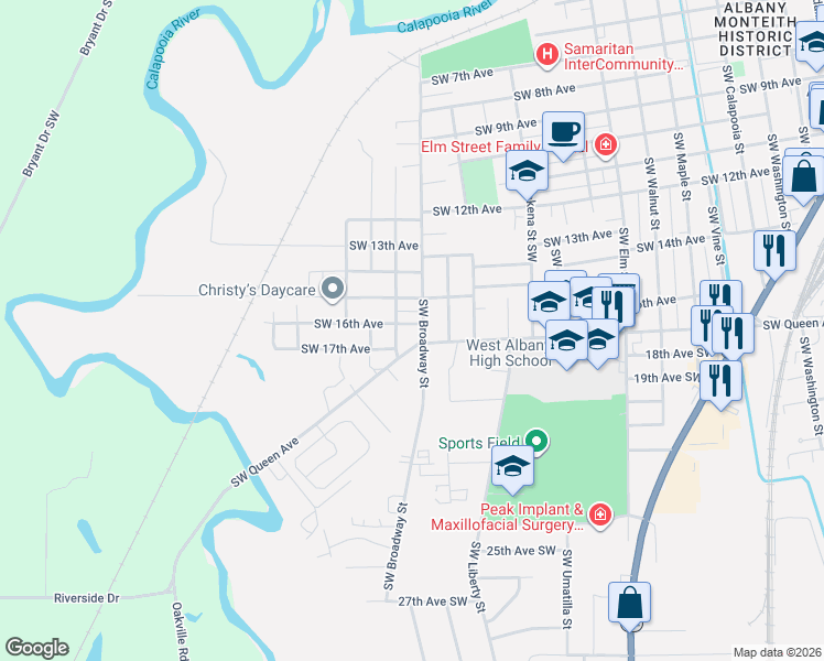map of restaurants, bars, coffee shops, grocery stores, and more near 1655 Southwest Queen Avenue in Albany