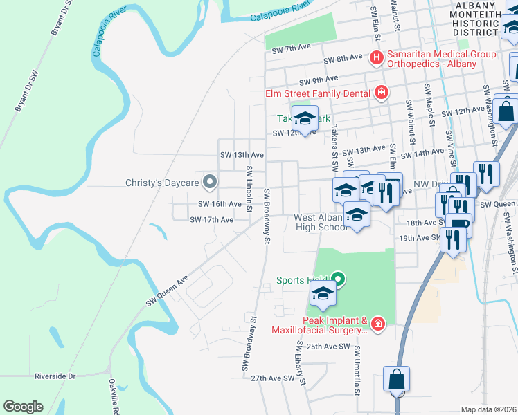 map of restaurants, bars, coffee shops, grocery stores, and more near 1655 Southwest Queen Avenue in Albany