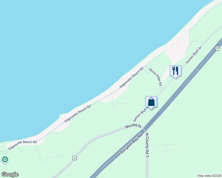 map of restaurants, bars, coffee shops, grocery stores, and more near 4999 Edgewater Beach Road in Green Bay