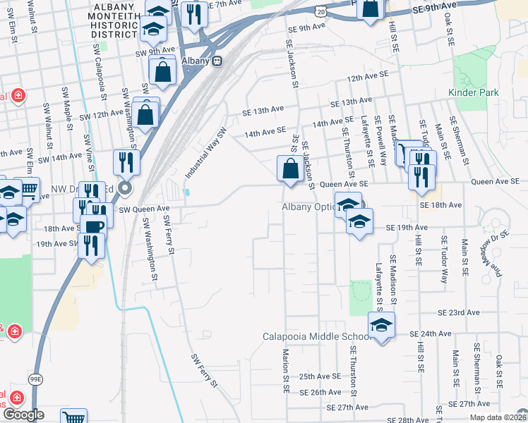map of restaurants, bars, coffee shops, grocery stores, and more near 1906 Southwest Lyon Street in Albany