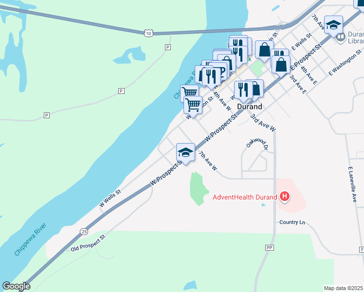 map of restaurants, bars, coffee shops, grocery stores, and more near 712 West Prospect Street in Durand