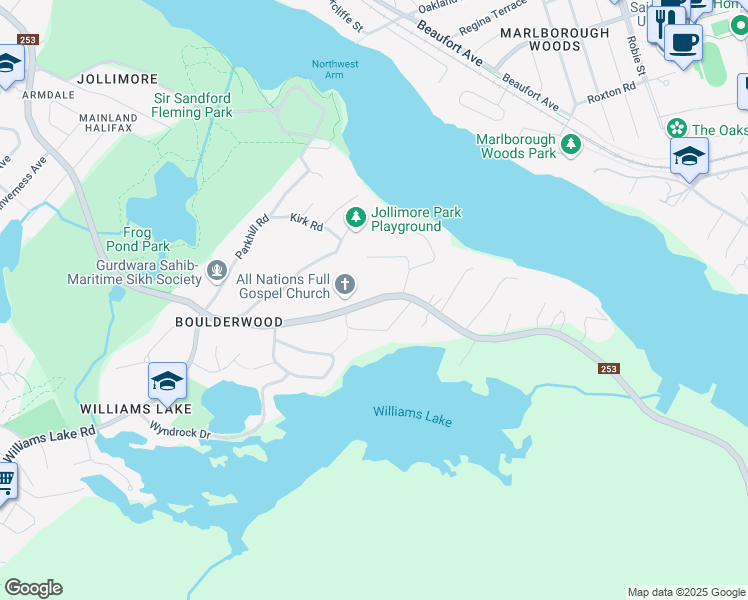 map of restaurants, bars, coffee shops, grocery stores, and more near Purcells Cove Road in Halifax