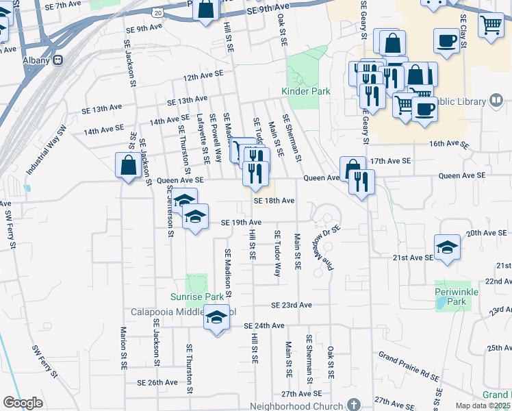 map of restaurants, bars, coffee shops, grocery stores, and more near 1805 Hill Street Southeast in Albany