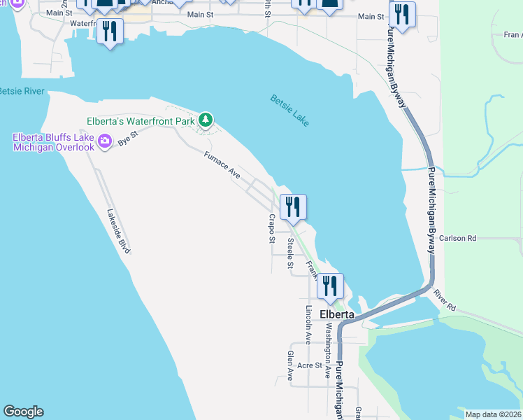 map of restaurants, bars, coffee shops, grocery stores, and more near 207-209 Crapo Street in Elberta