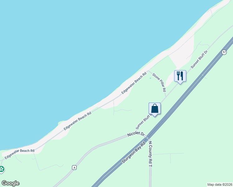map of restaurants, bars, coffee shops, grocery stores, and more near 4999 Edgewater Beach Road in Green Bay