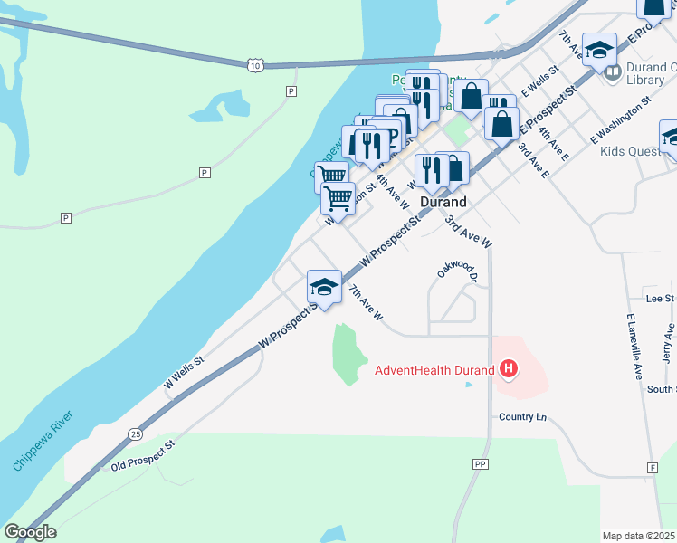 map of restaurants, bars, coffee shops, grocery stores, and more near 712 West Prospect Street in Durand