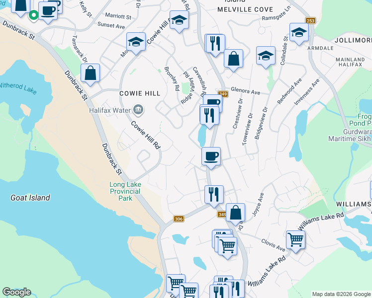 map of restaurants, bars, coffee shops, grocery stores, and more near 69 Grenoble Court in Halifax
