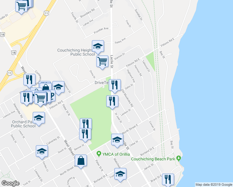 map of restaurants, bars, coffee shops, grocery stores, and more near 400 Laclie Street in Orillia