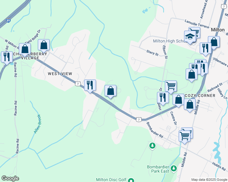 map of restaurants, bars, coffee shops, grocery stores, and more near 20 Boysenberry Drive in Chittenden County