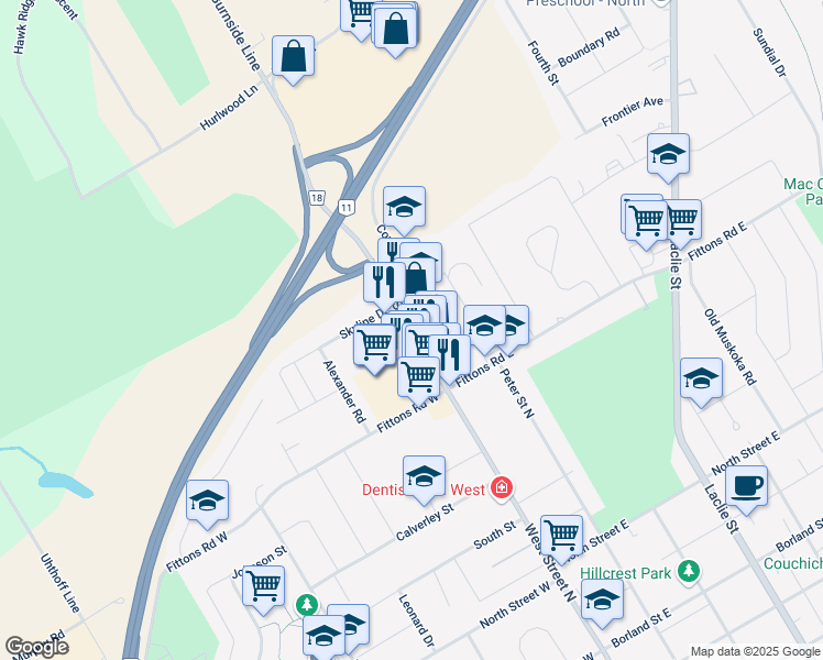 map of restaurants, bars, coffee shops, grocery stores, and more near West Street North in Orillia
