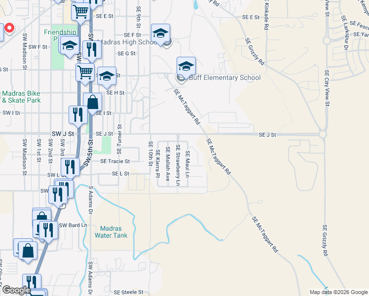 map of restaurants, bars, coffee shops, grocery stores, and more near 854 Southeast Strawberry Lane in Madras