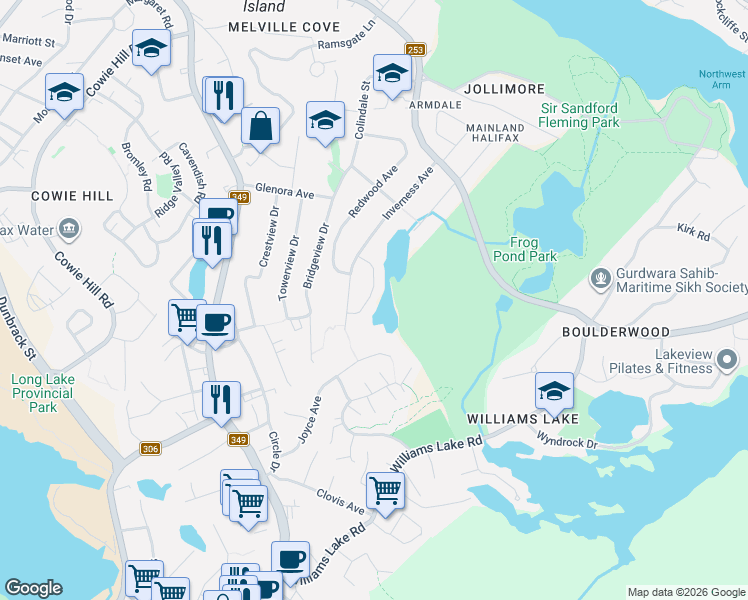 map of restaurants, bars, coffee shops, grocery stores, and more near 12 Whimsical Lake Crescent in Halifax