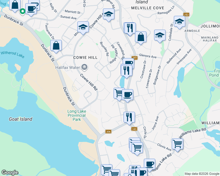 map of restaurants, bars, coffee shops, grocery stores, and more near 29 Punch Bowl Drive in Halifax