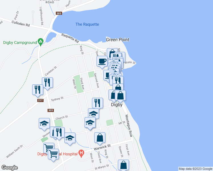 map of restaurants, bars, coffee shops, grocery stores, and more near 164 Queen Street in Digby